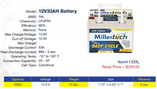 Millertech Lithium Battery- 12 Volt 33 Amp Hour Lithium Battery